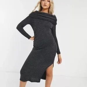Topshop Dresses Topshop Off Shoulder Split Hem Charcoal Midi